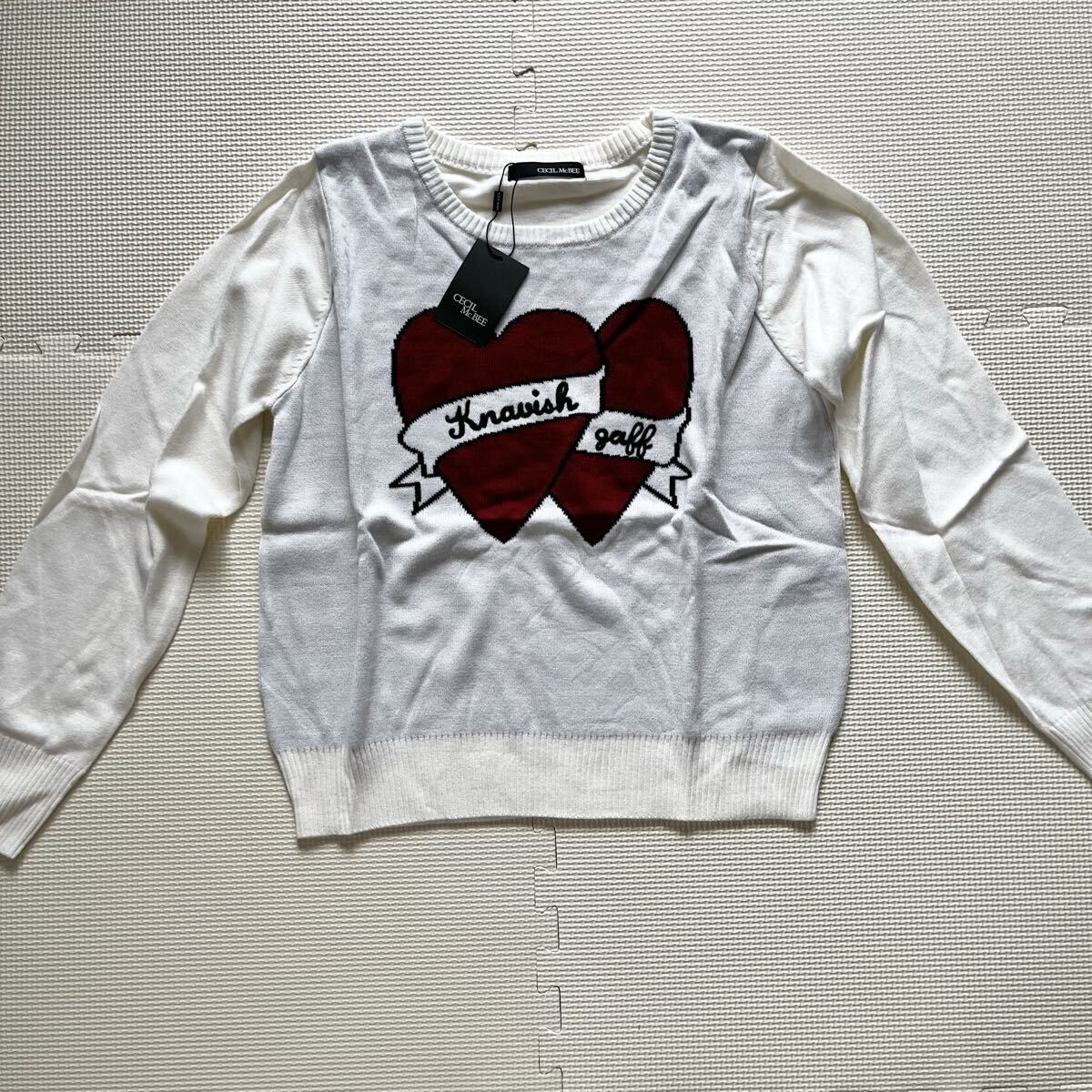 ☆⑩タグ付き 未使用 CECIL McBEE セシルマクビー 長袖ニット ホワイト ハート カットソー セーター M拍卖