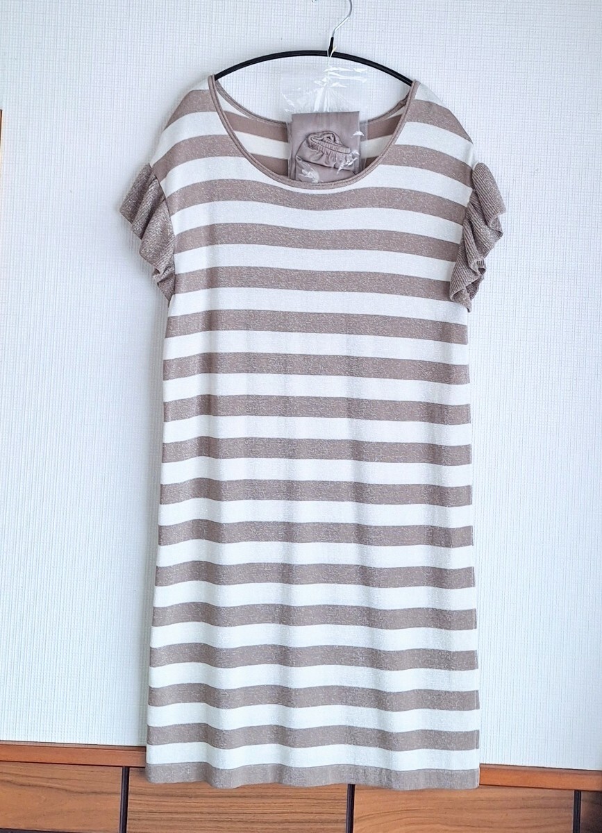 ★試着のみ ノーリーズ ラメボーダー ニットワンピース ベージュ 38★拍卖