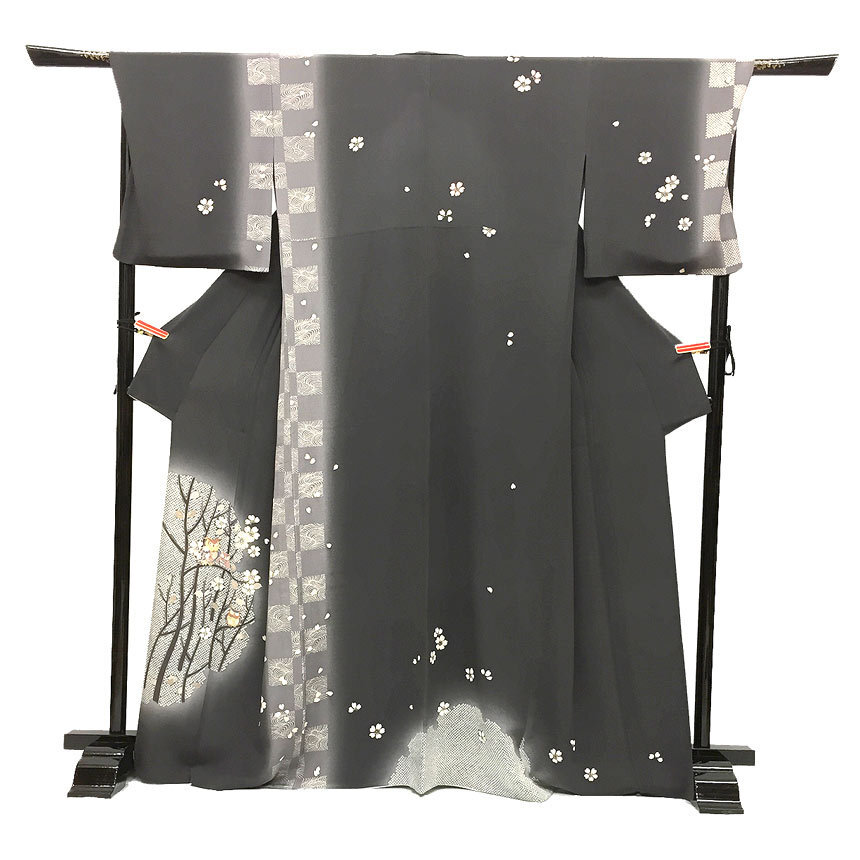 セール 京やH086 正絹 単衣 単衣の時期の訪問着 附下 付け下げ 高級浜ちりめん ふくろう 桜 鹿の子絞り柄 格子文様 流水文拍卖