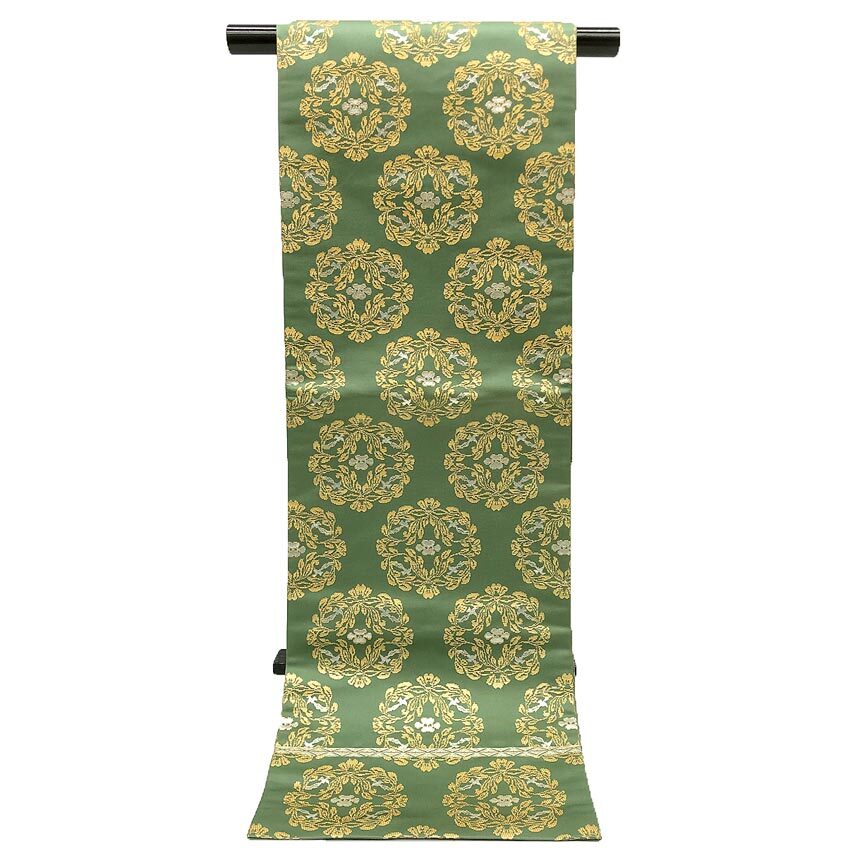 京やJ240 正絹 袋帯 龍村晋謹製 全通袋帯 金糸 銀糸 グリーン フォーマル セミフォーマル 仕立て上がり 美品拍卖