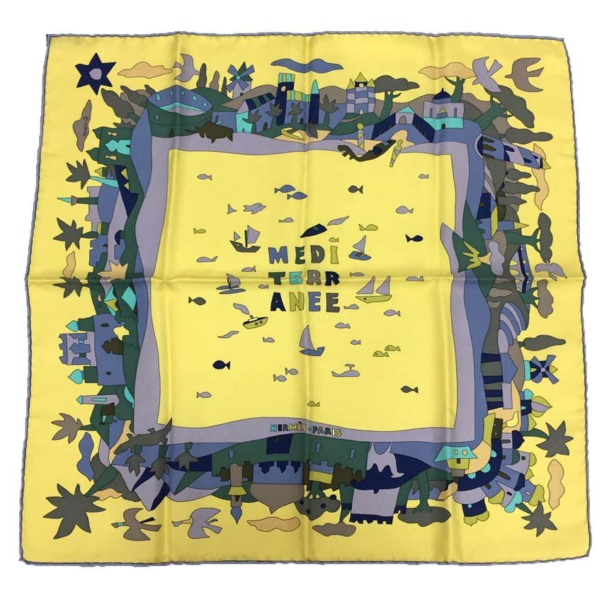 全国送料無料 セール HERMES エルメス スカーフ カレ45 MEDI TERR ANEE 地中海の庭 シルク イエロー 美品 aq9136拍卖