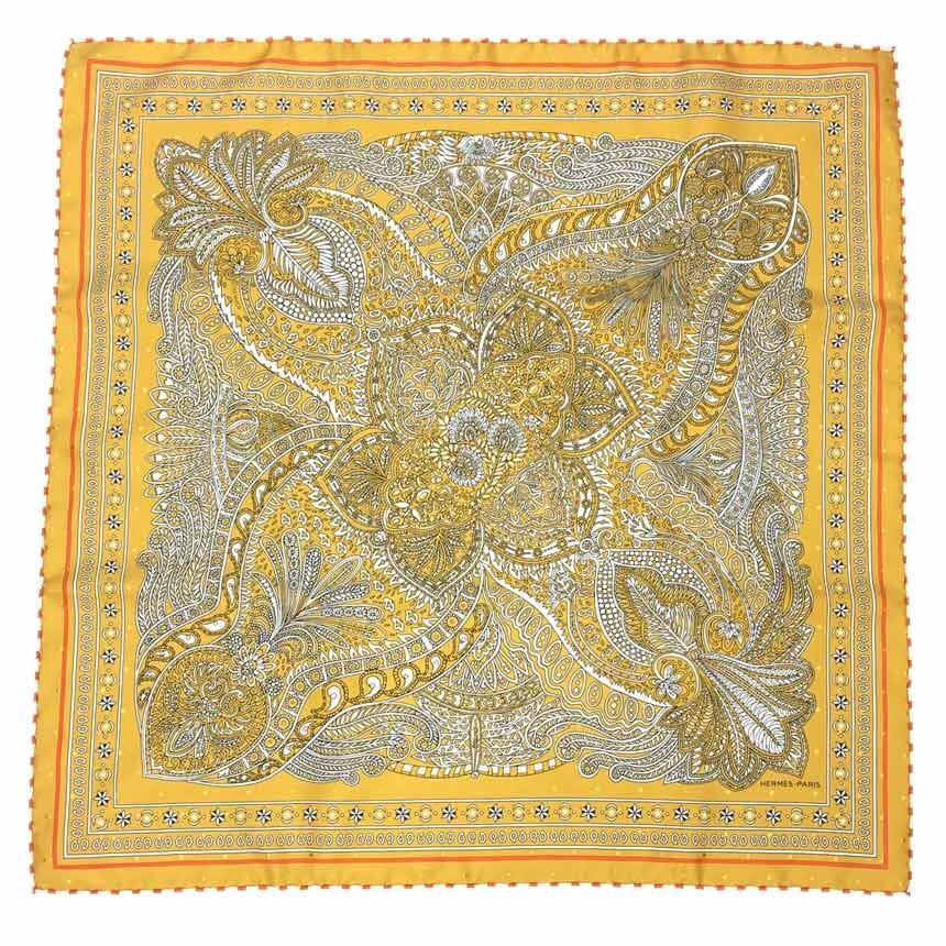 セール 送料無料 希少 HERMES エルメス スカーフ カレ55 バンダナ BANDANA SOIE 55 LE JARDIN DE LA MAHAR マハラニの庭 イエロー aq10021拍卖