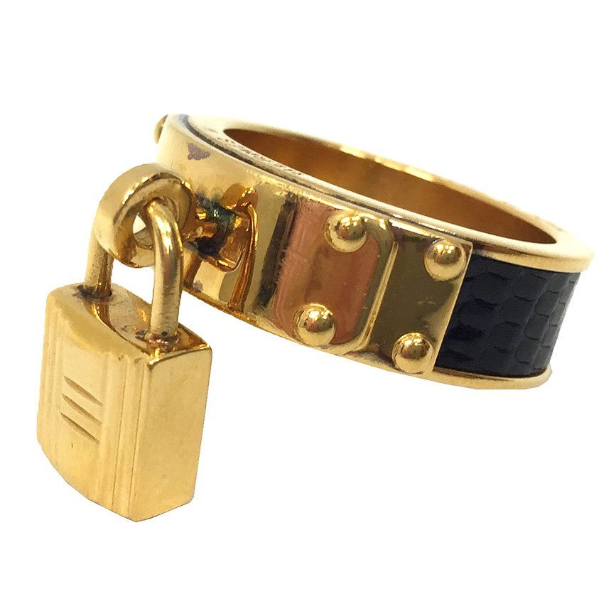 全国送料無料 HERMES エルメス ケリー Hカデナ スカーフリング リザード レザー ゴールド ブラック ペンダントトップ アクセサリー aq10215拍卖