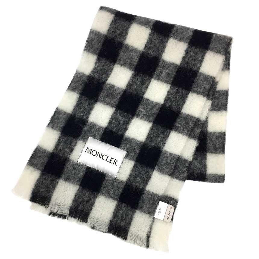 送料無料 MONCLER モンクレール モヘヤ ボックスチェック マフラー ストール G20933C00003 黒白 新古品 aq10659拍卖