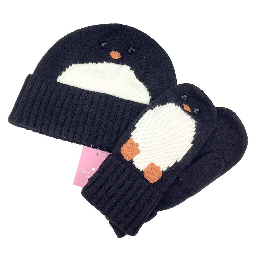 セール kate spade ケイトスペード ペンギン 手袋 ニット帽 ビーニー グローブ 2点セット KS1003328 001 未使用品 aq10166 送料無料拍卖