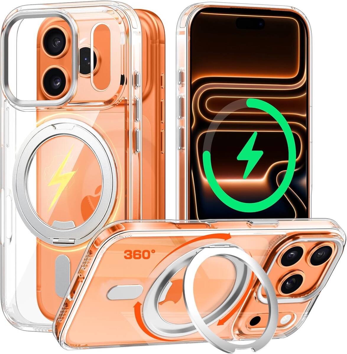 iPhone 17 Pro 用 ケース 360°回転スタンド MagSafe対応 マグネット搭載 ワイヤレス充電拍卖