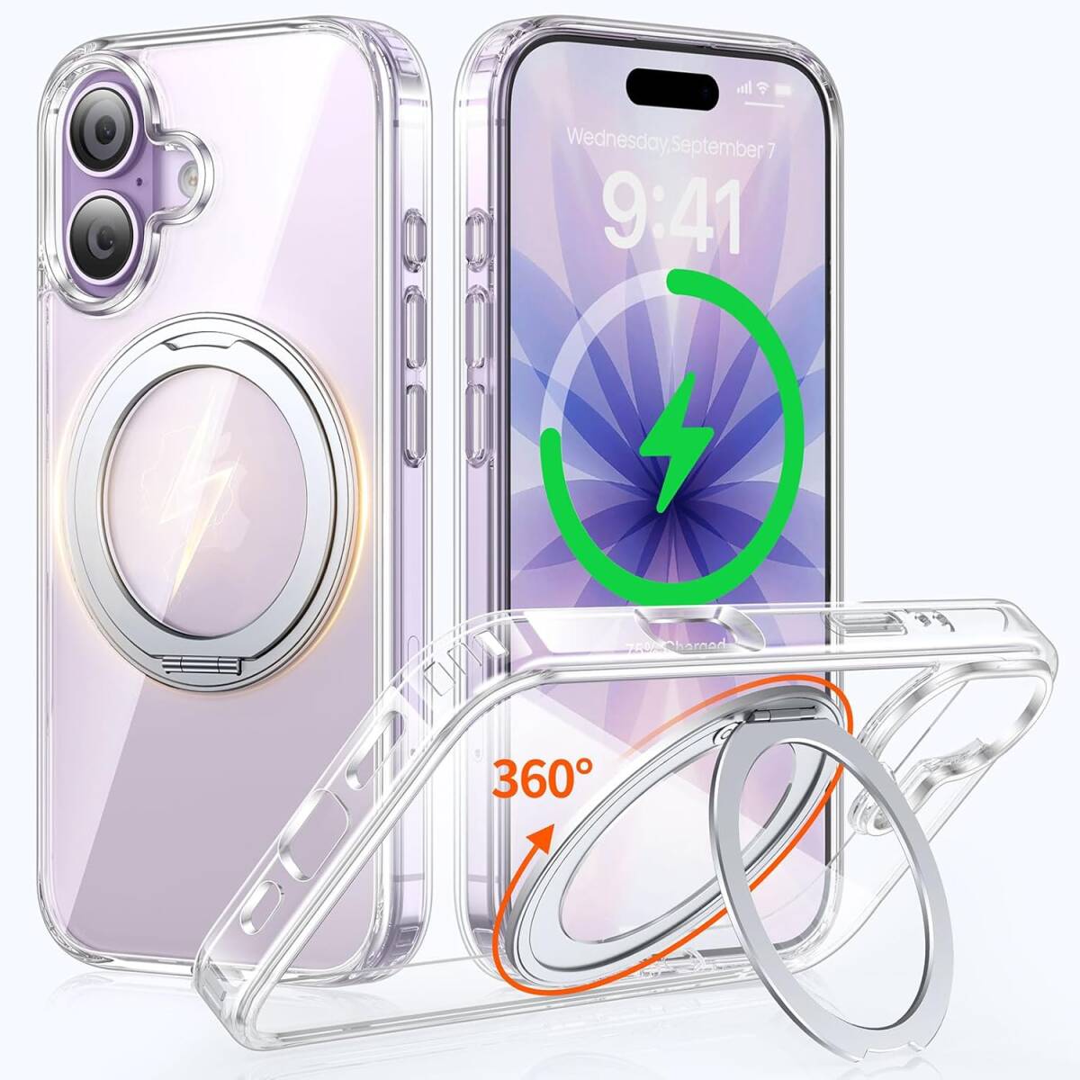 iPhone 17 用 ケース MagSafe対応 静音360度回転スタンド 縦横両対応 カマグネット搭載 ワイアレス充電対応拍卖