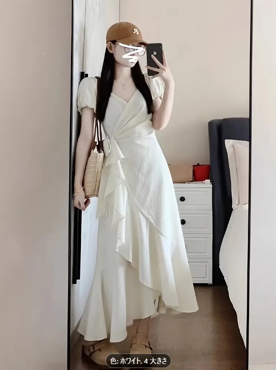 ワンピース レディース 半袖ワンピース ドレス ミドル丈ドレス 夏服 Vネック 半袖 エレガント 無地 通勤 日常着(サイズ:M)拍卖