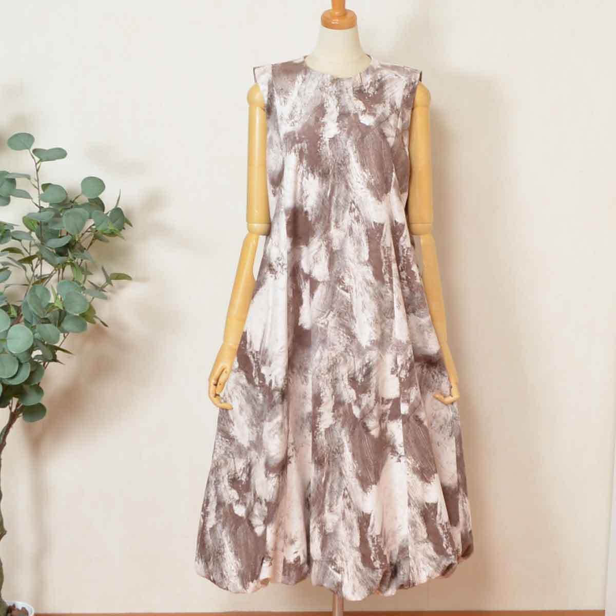 総柄バルーンワンピース C-3197 SILENT WORTH ジャカード起毛素材 体型カバー ノースリーブ 秋冬 レディース拍卖