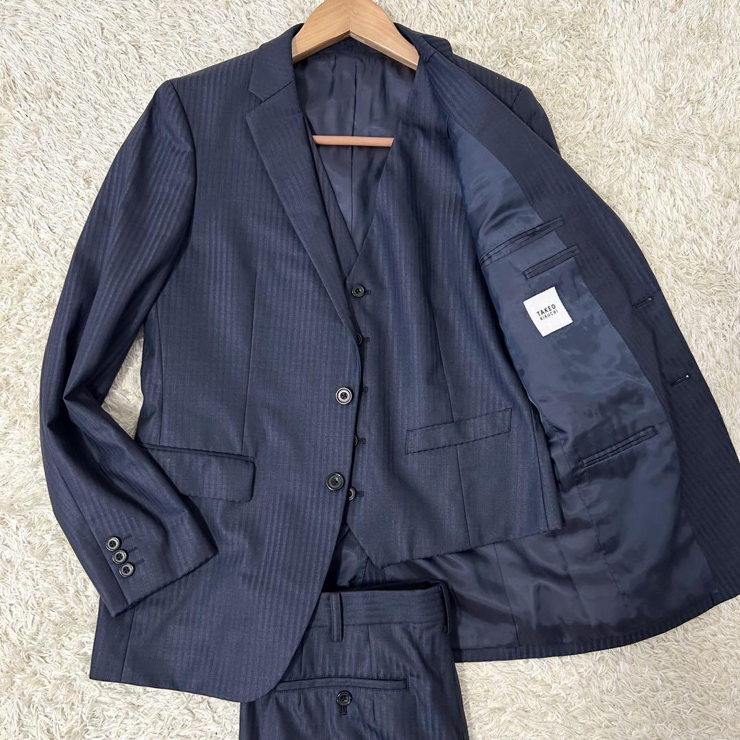 美品! タケオキクチ TAKEO KIKUCHI セットアップ 3ピース テーラードジャケット メンズ L位 シングル 2B ストライプ ネイビー拍卖