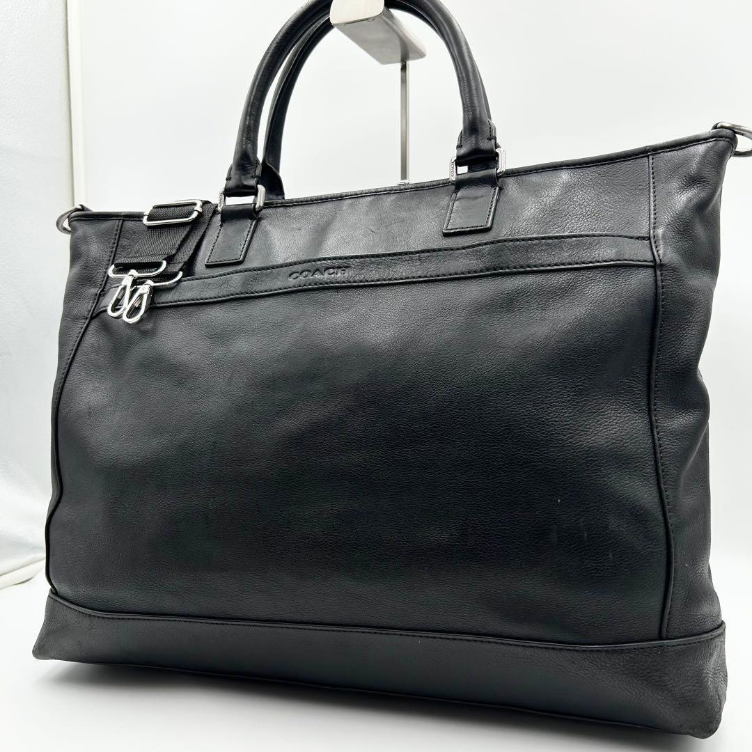 美品! コーチ COACH メンズ トートバッグ ビジネスバッグ ブリーフケース 2way 斜め掛け 多収納 シボ革 レザー ブラック 黒 ショルダー拍卖