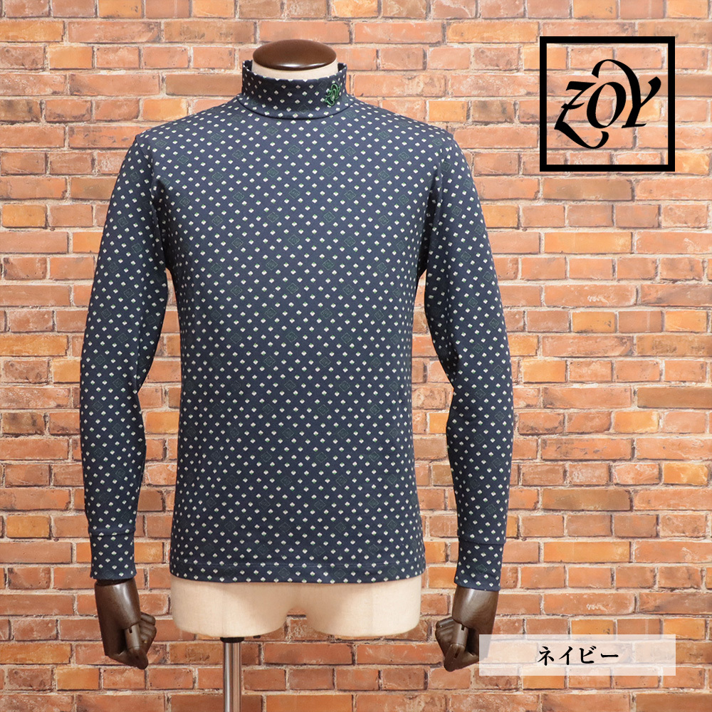 秋冬/ZOY/4(XXL)サイズ/長袖モックネックTシャツ 071424004 日本製 小紋ロゴプリント カットソー ゾーイ 新品/紺/ネイビー/md362/拍卖