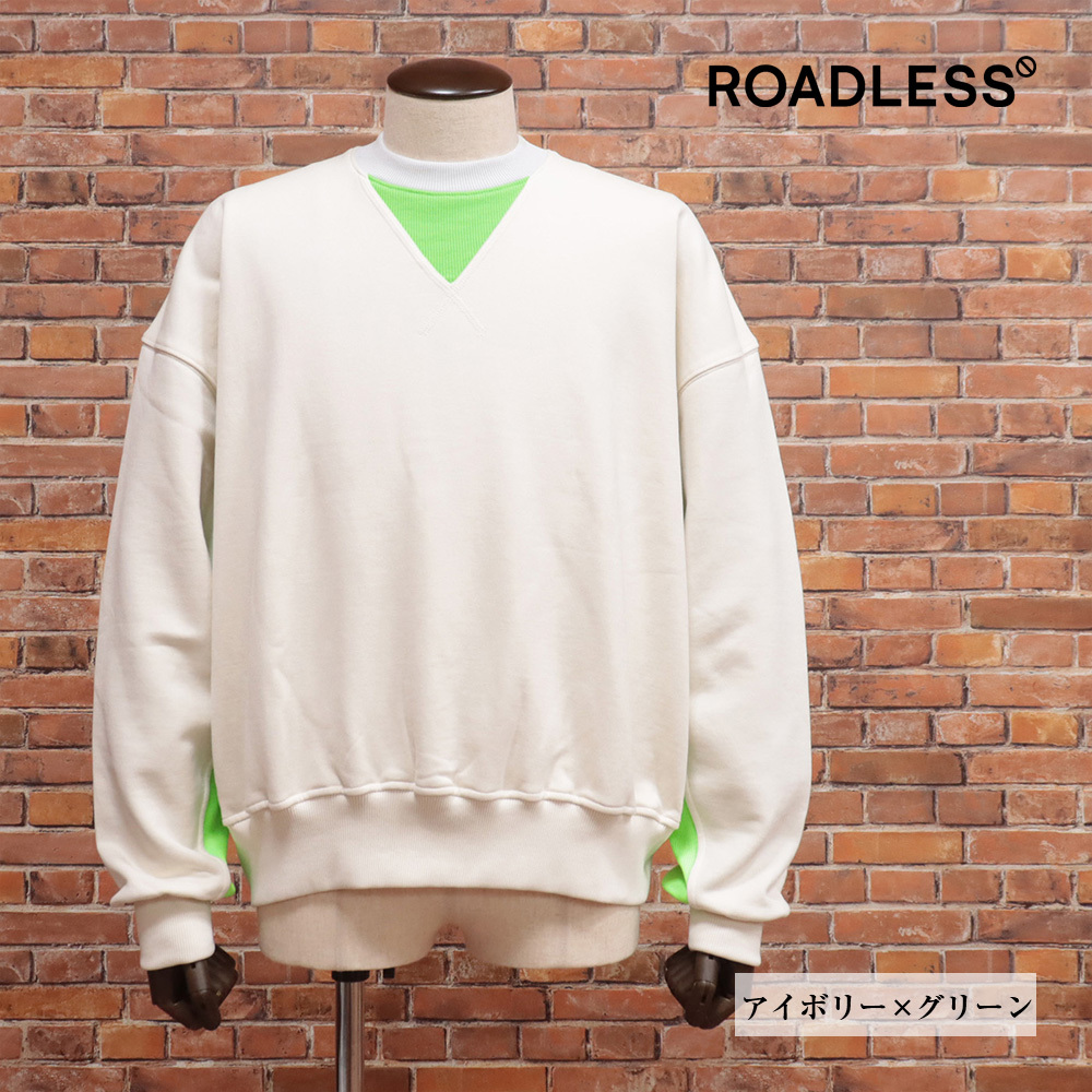 24AW/ROADLESS/Sサイズ/イタリア製トレーナー RSS-FC 裏起毛スウェット ガーメントダイ カラー切替 新品/アイボリー×グリーン/ma148/拍卖