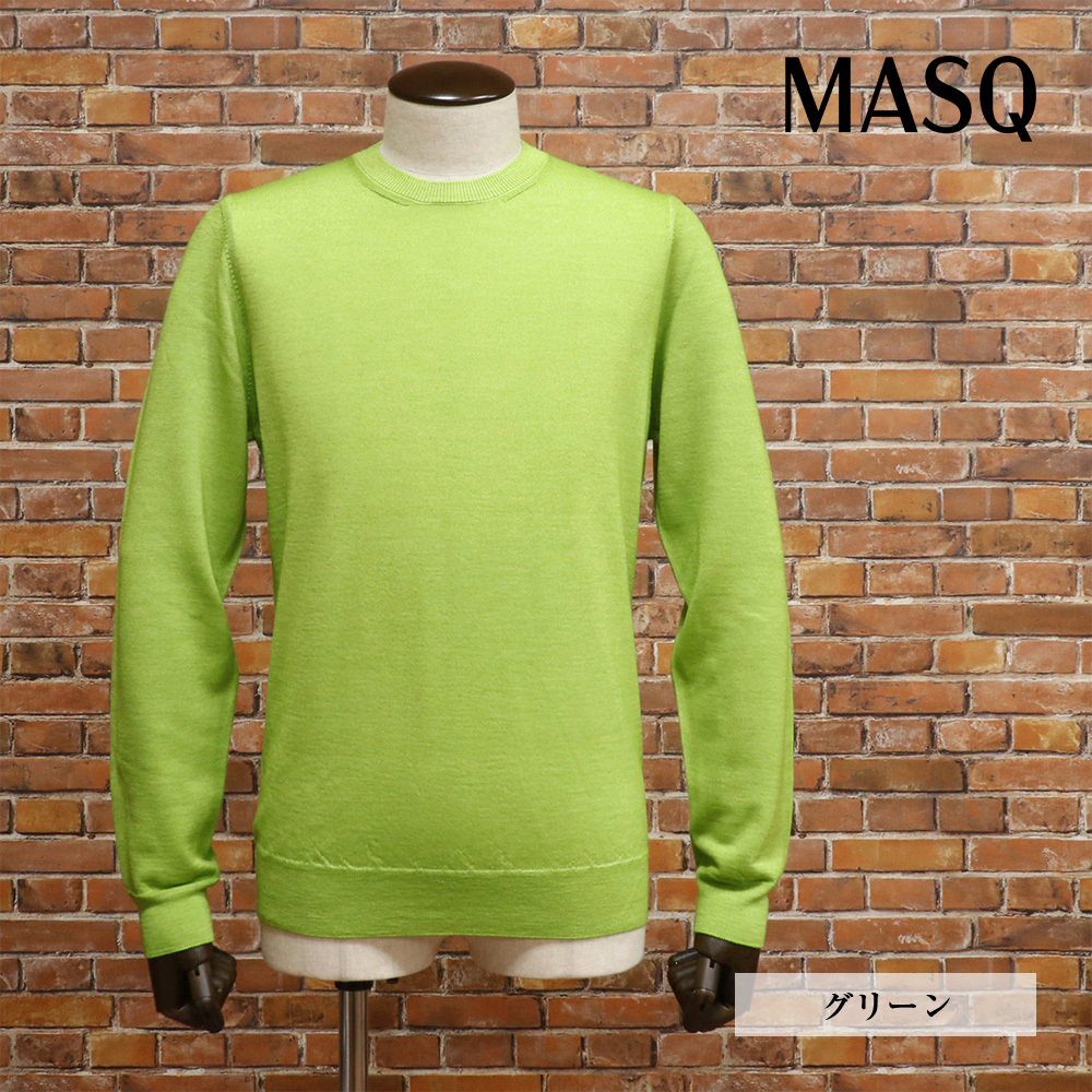 1円/秋冬/MASQ/48サイズ/丸首ニット エクストラファインメリノウール 無地 クルーネック 定番 イタリア製 新品/緑/グリーン/md408/拍卖