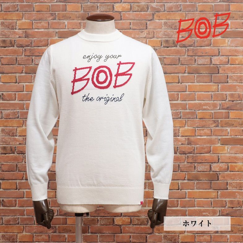 1円/2023秋冬/BOB/Mサイズ/丸首ニット 保温◎ ホットレイ 刺繍 ロゴ ジャガード セーター 機能性 新品/白/ホワイト/jb324/拍卖