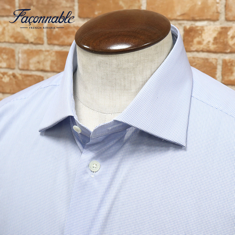 1円/Faconnable/42cm/シャツ 綿ポリ ストレッチ 先染めチェック カッタウェイ きれいめ 長袖 新品/青/ブルー/me147/拍卖