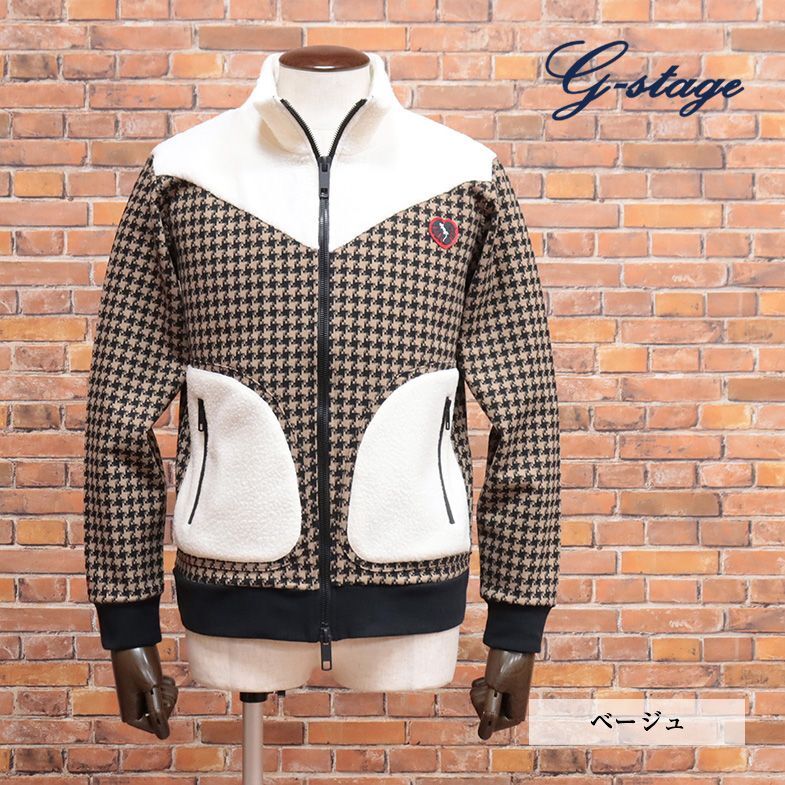 1円/秋冬/g-stage/48サイズ/トラックジャケット ジャージー&ボア 千鳥格子 ジップポケット ゴルフ Dr.YAMORIコラボ 新品/ベージュ/je105/拍卖
