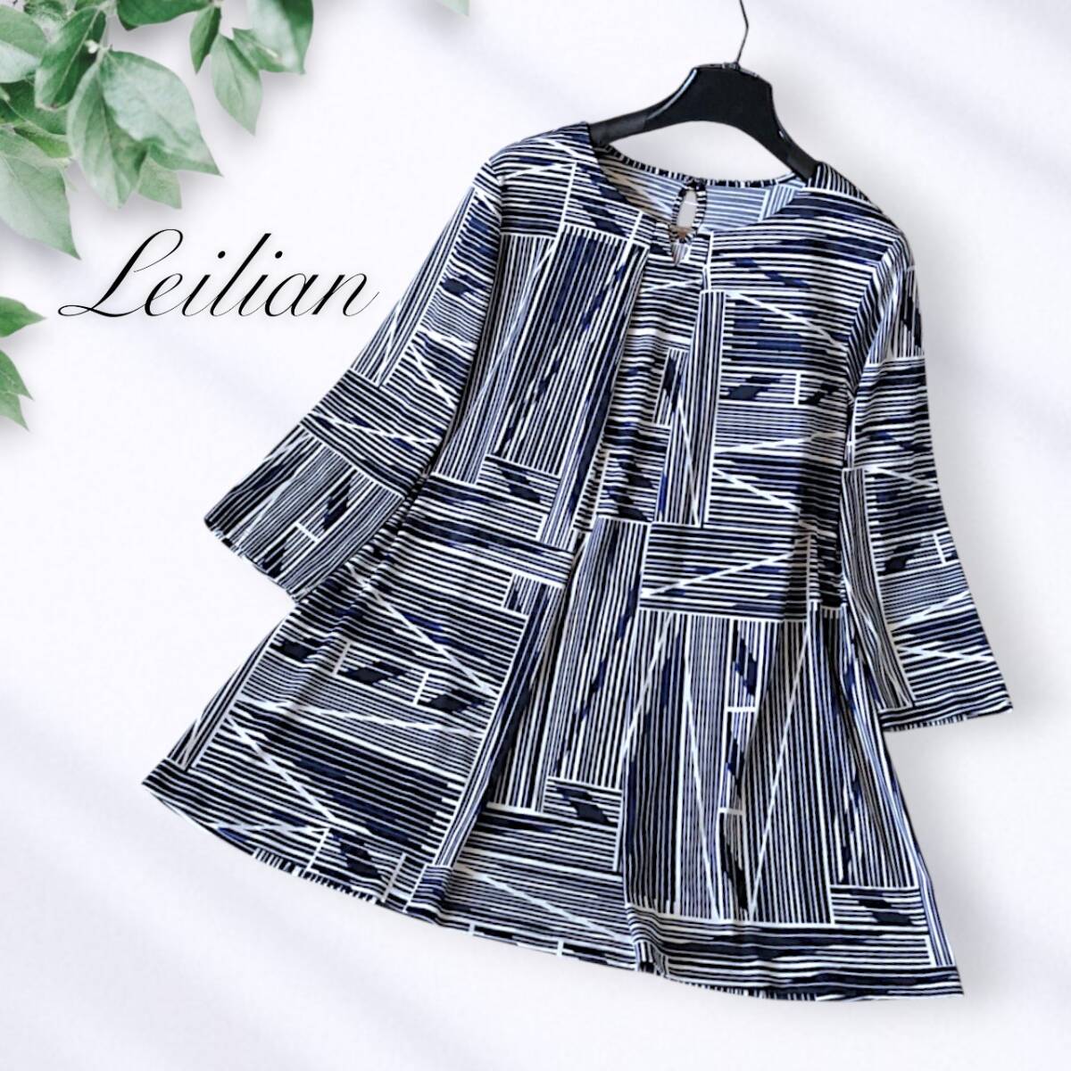 A31◆美品 人気モデル レリアン Leilian 大きいサイズ 13 XL LL 2L ゆったり チュニック カットソー トップス 幾何学模様 ストレッチ 伸縮拍卖