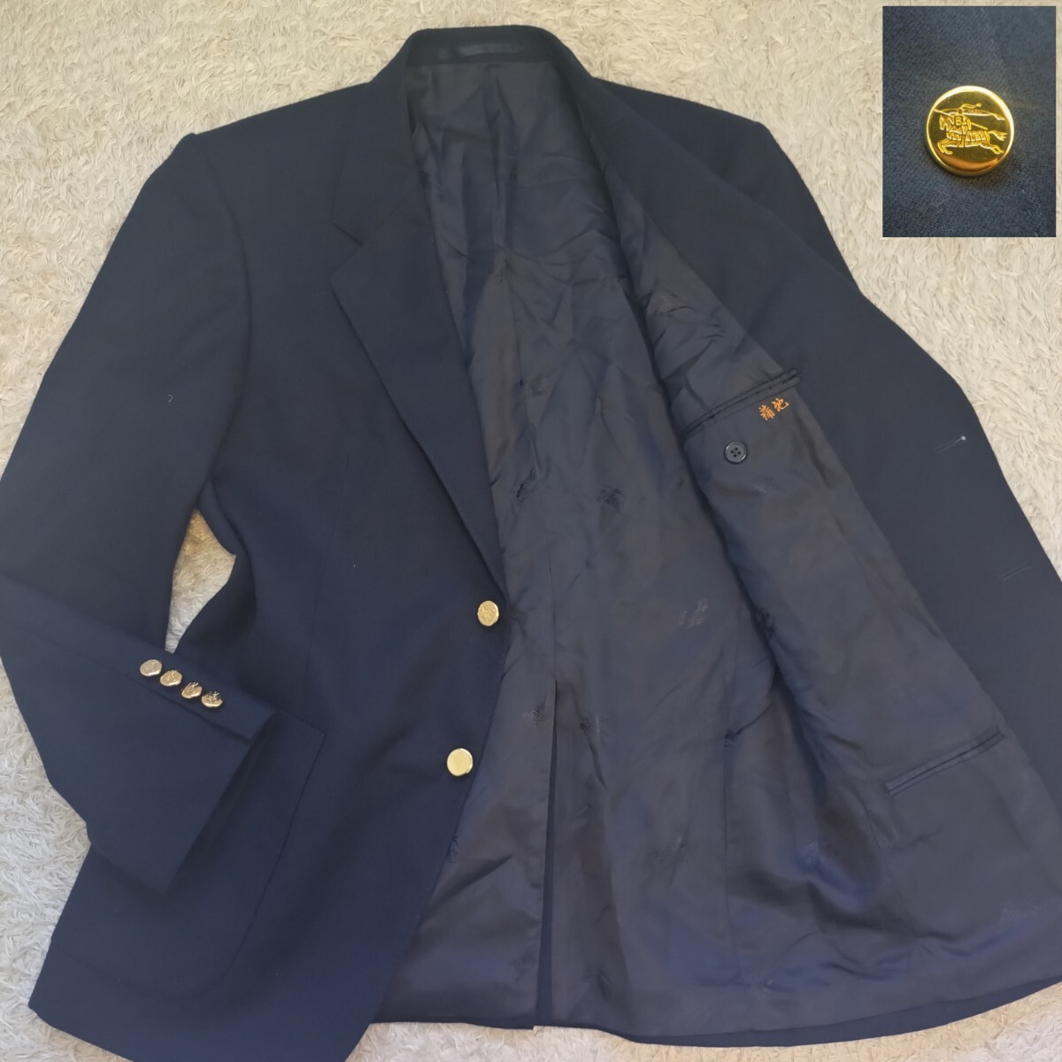 希少L!バーバリー【輝く金ボタン】BURBERRY テーラードジャケット 紺ブレザー ネイビー ホースロゴ ウール100% 2B 総裏地 ホース総柄 (48拍卖