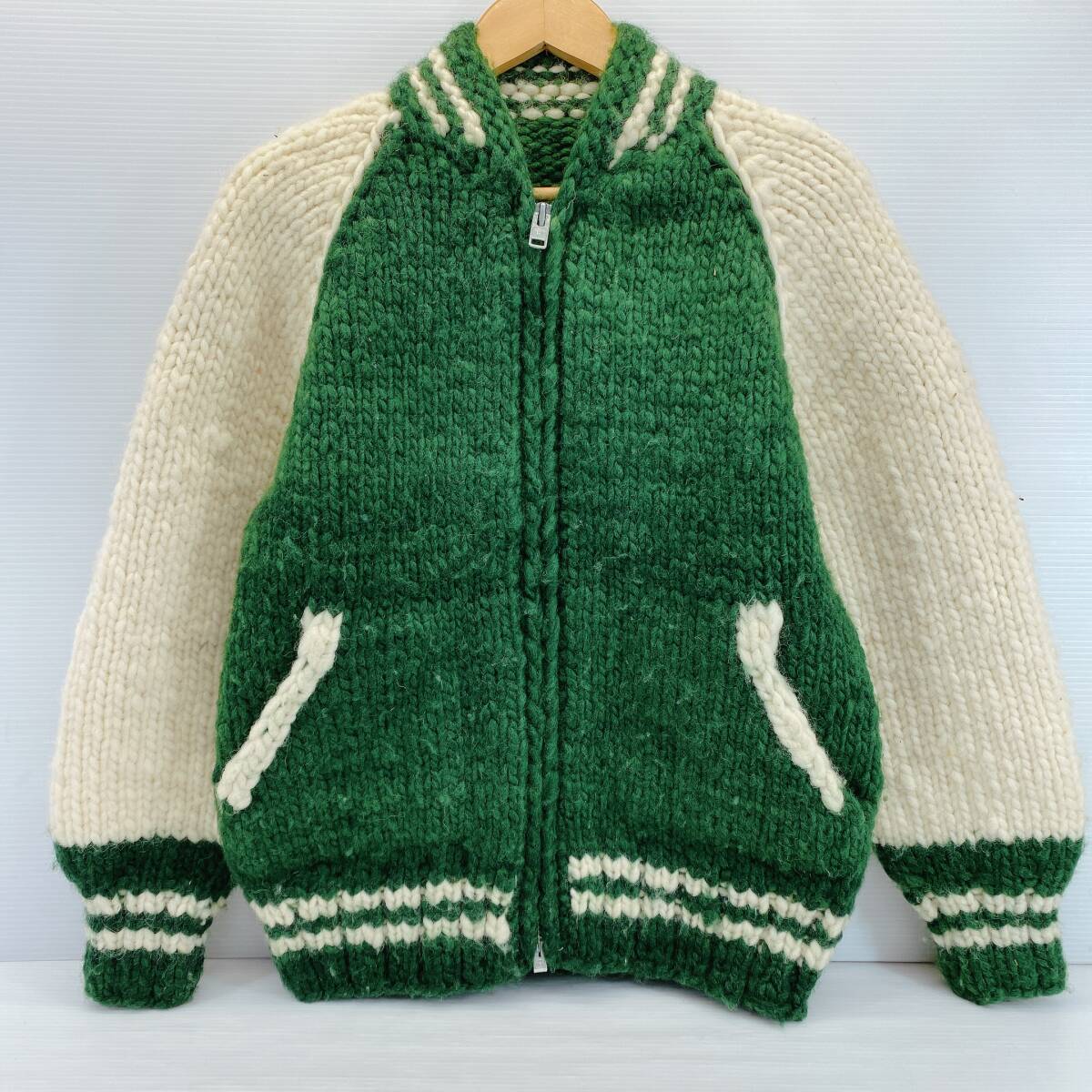 ■ ジップアップ カウチン ニット カナダ製 グリーン 生成り ウール100% メンズ レディース ■拍卖