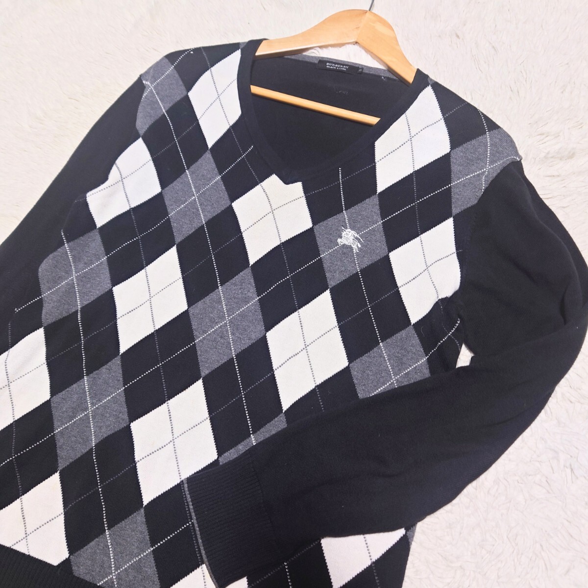 【1円〜】希少なLサイズ バーバリーブラックレーベル BURBERRY BLACK LABEL ニット セーター アーガイル柄 ブラック×ホワイト ホース刺繍拍卖