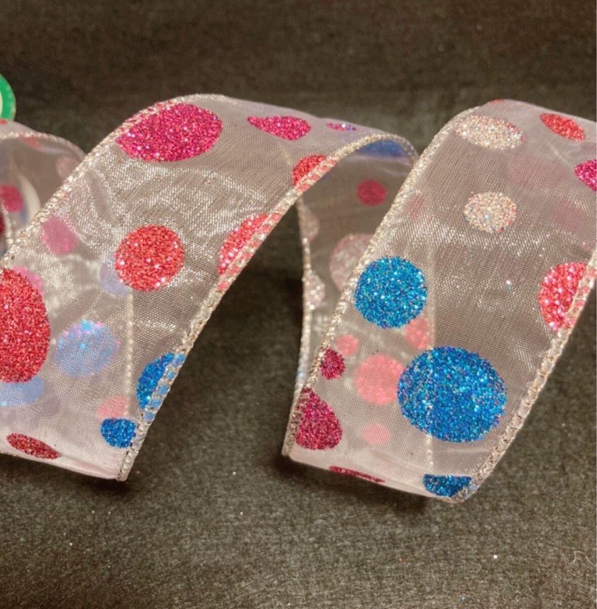 リボン切り売り 1.5m 約3.8cm幅 クリスマスリボン グリッター水玉模様 ドット拍卖