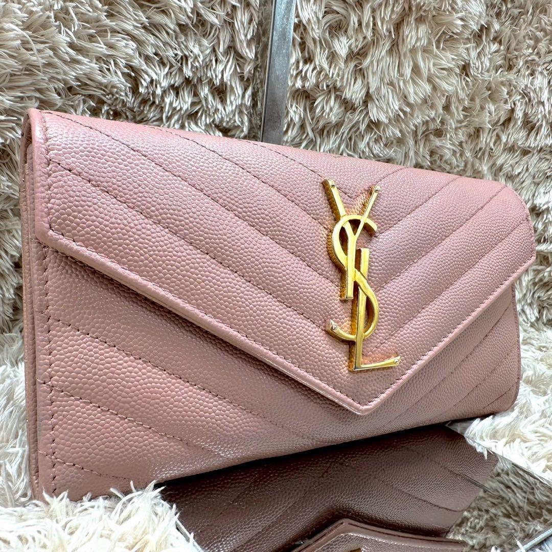 【美品】Yves Saint Laurent イヴサンローラン 長財布 フラップ ピンクベージュ Vステッチ キャビアスキン YSL ゴールドロゴ レディース拍卖