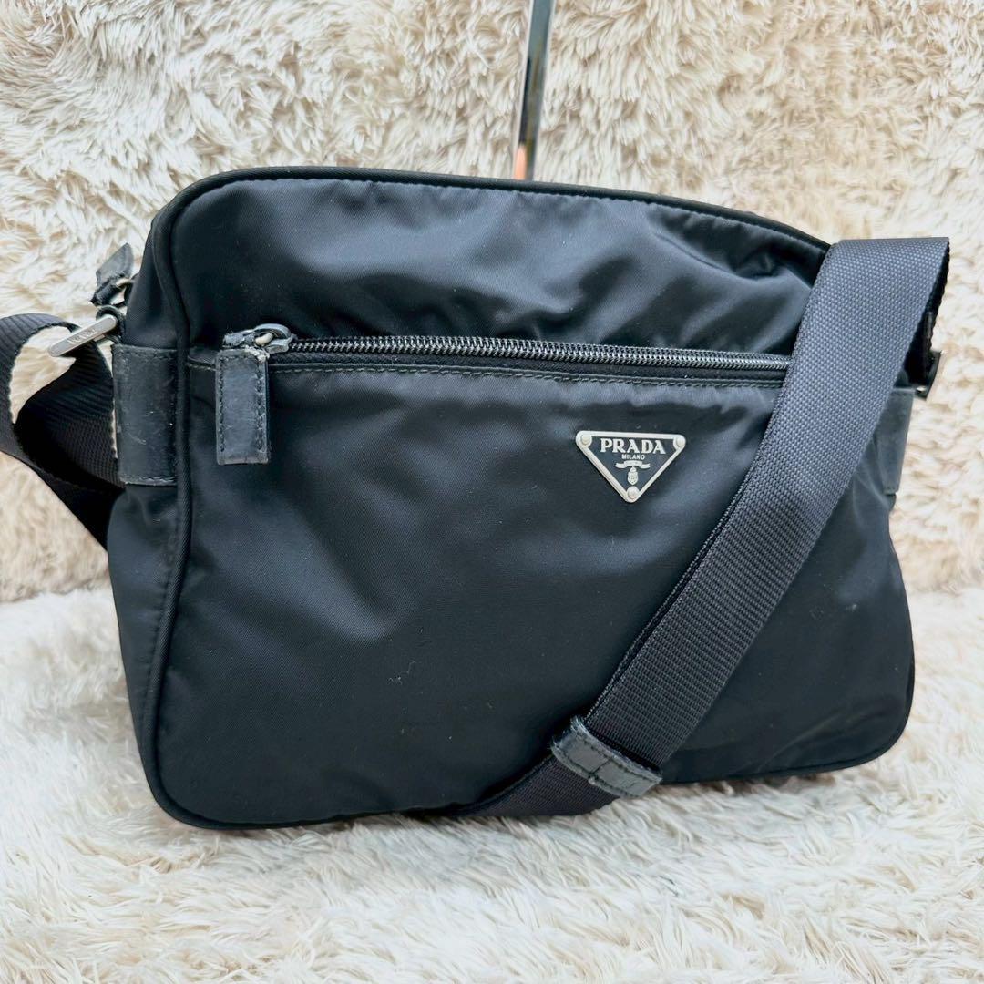 【美品】PRADA プラダ ショルダーバッグ ブラック 黒 テスートナイロン 三角ロゴ ユニセックス メンズ レディース トライアングル ビジネス拍卖