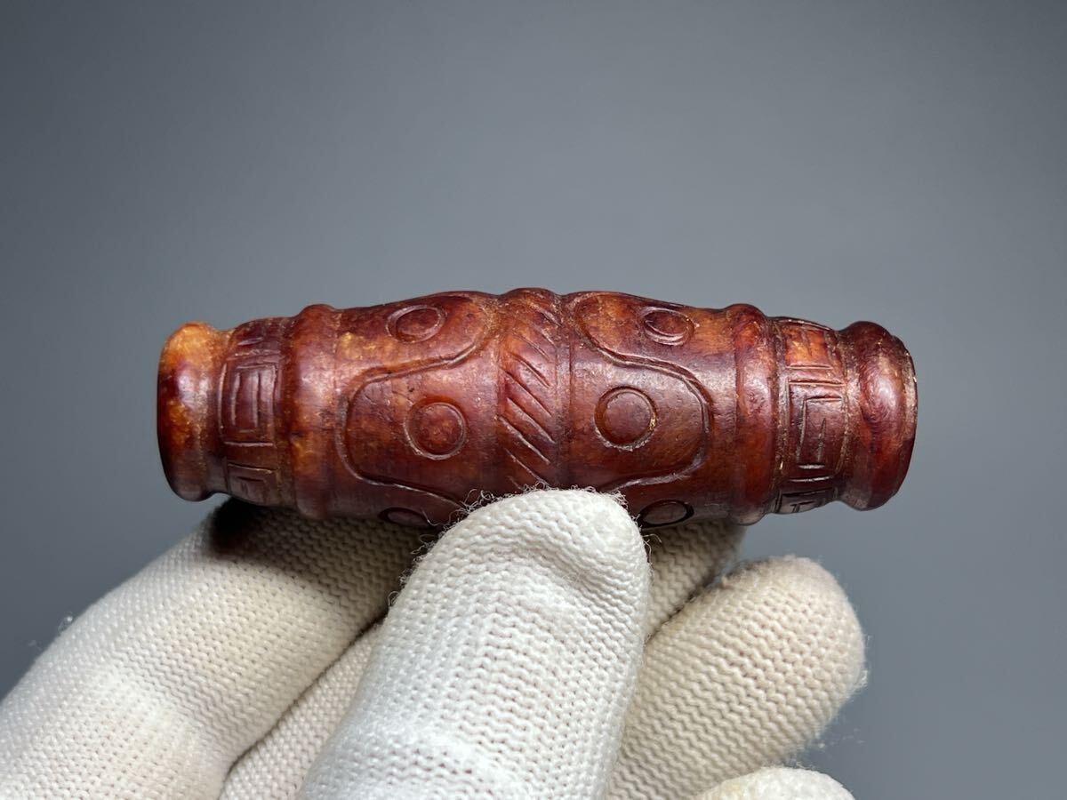 中国古美術 収集品 古玉 赤玉 玉琮 置物 玉礼器 祭祀器 雷紋 旧蔵拍卖