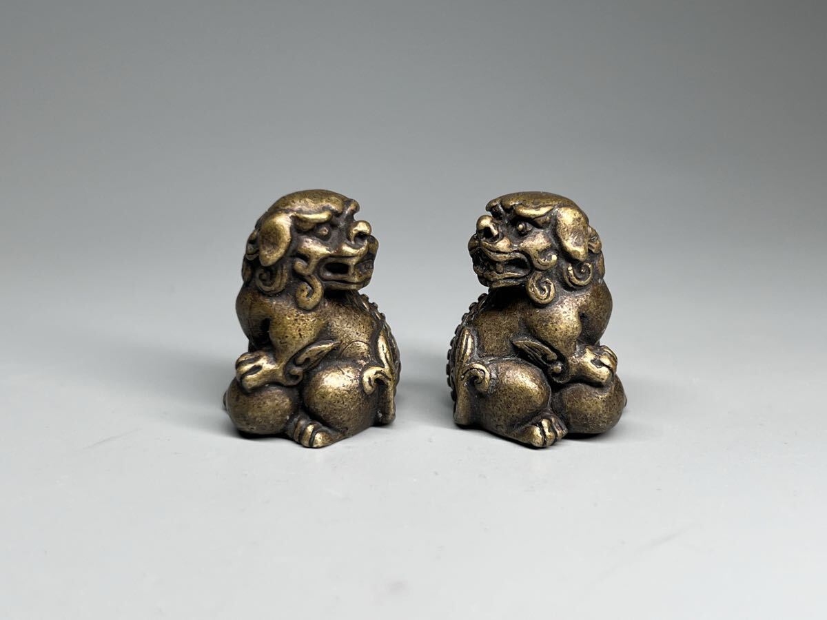 金属工芸 古美術 獅子一対 小型 銅 唐物 狛犬 置物 お守り 細工 旧物拍卖