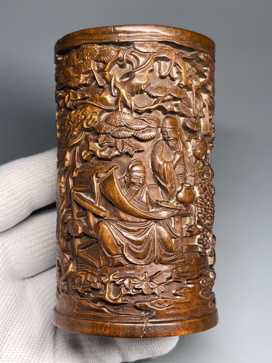 中国古美術 黄楊木 松下会友 筆立て 筆筒 書道具 文房具 小型 旧蔵 木製拍卖