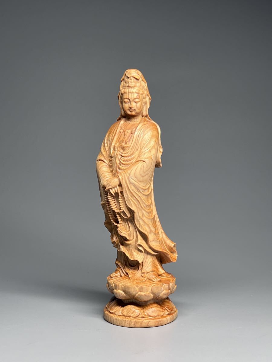 仏教美術 観世音菩薩 細密木彫 立像 天然木 お守り ご本尊 縁起物高さ12cm拍卖
