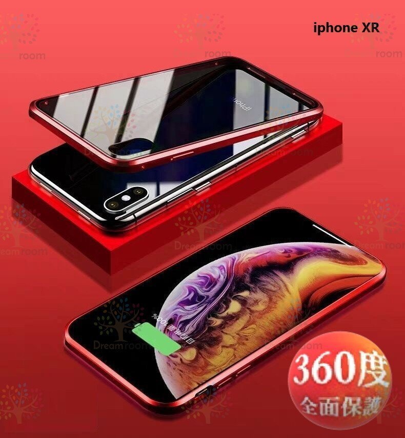 9H強化ガラス 360度フルカバー【iphoneXR】メタルレッド 強力磁石 両面ガラス 両面ケース 全面保護 カバー クリア 透明拍卖