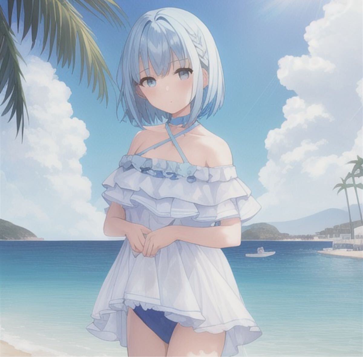 画像 フリー素材  美女 イラスト オリジナル 高画質 ビーチ アート拍卖