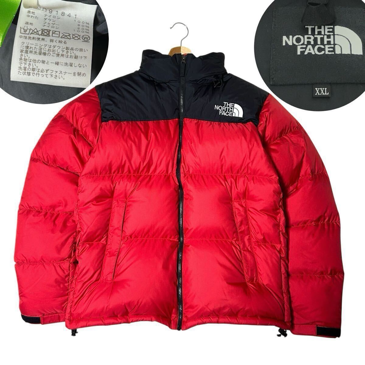 美品 THE NORTH FACE ヌプシジャケット ND91841 3L ダウン フェザー フード収納可能 レッド ブラック アウトドア拍卖