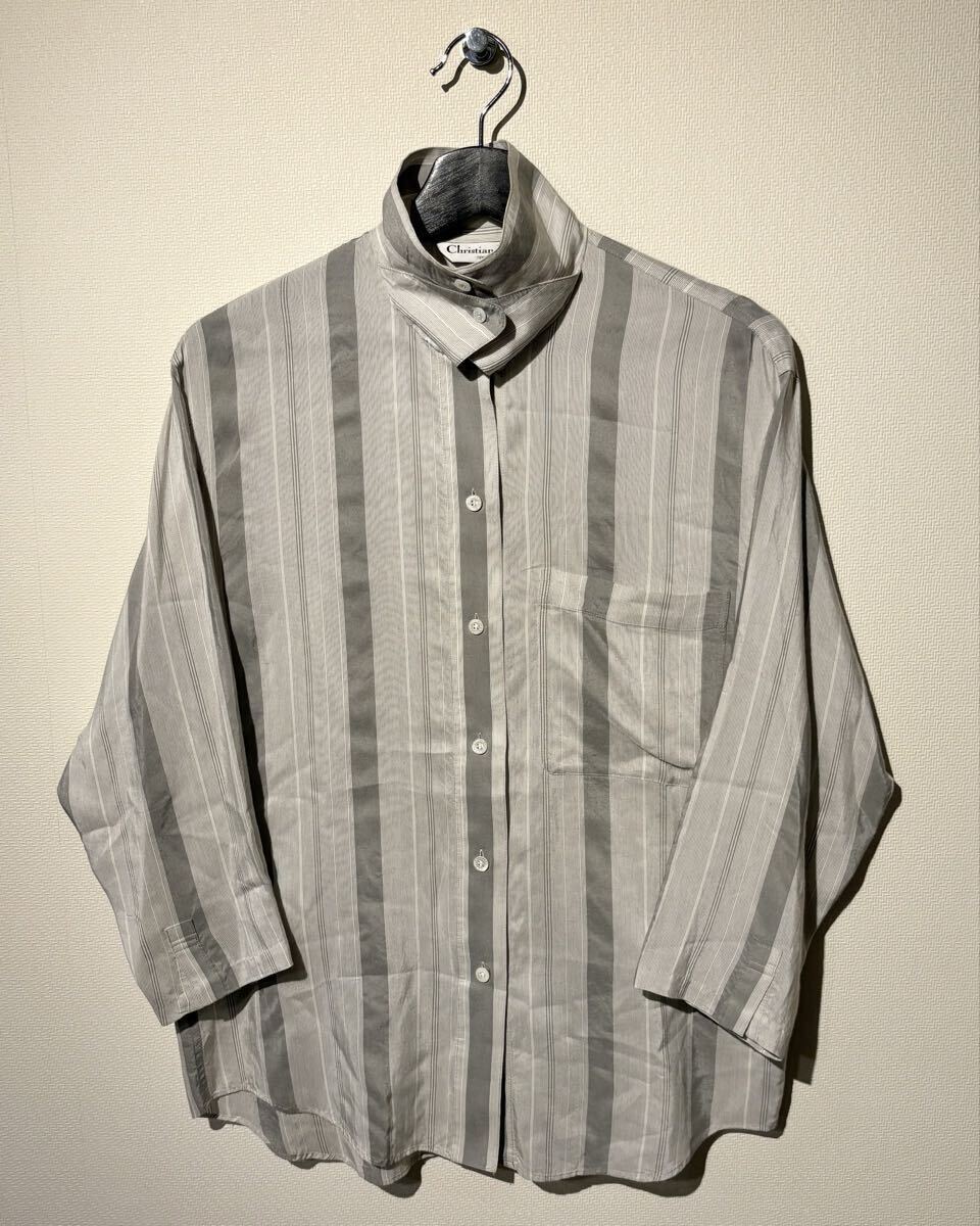 VINTAGE / Christian Dior SPORTS / 変形襟ストライプシャツ / SIZE:M / GRAY /クリスチャンディオール スポーツ /90s OLD /※袖リメイク有拍卖