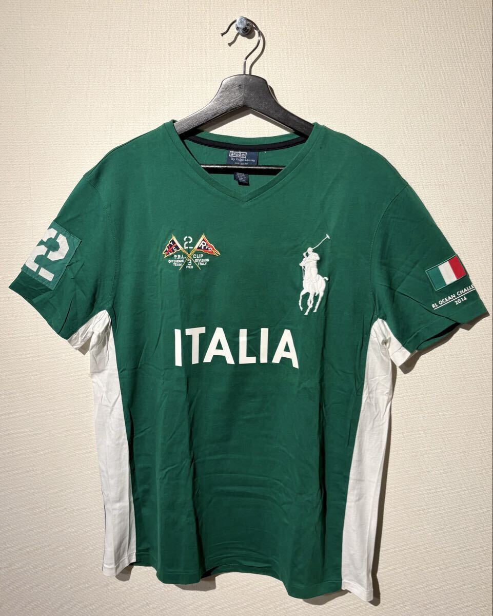 VINTAGE / Polo by Ralph Lauren / BIGポニー ITALIA VネックTシャツ / SIZE:L / GREEN / CUSTOM FIT / ポロラルフローレン / イタリア拍卖