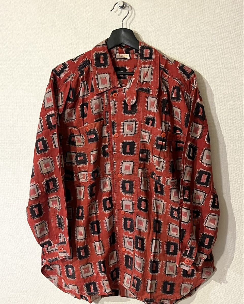 VINTAGE / Lakshmi / 総柄 長袖シャツ / SIZE:XL相当 / RED / MADE IN INDIA / ラクシュミー / インド製 / オープンカラー 民族系 古着拍卖