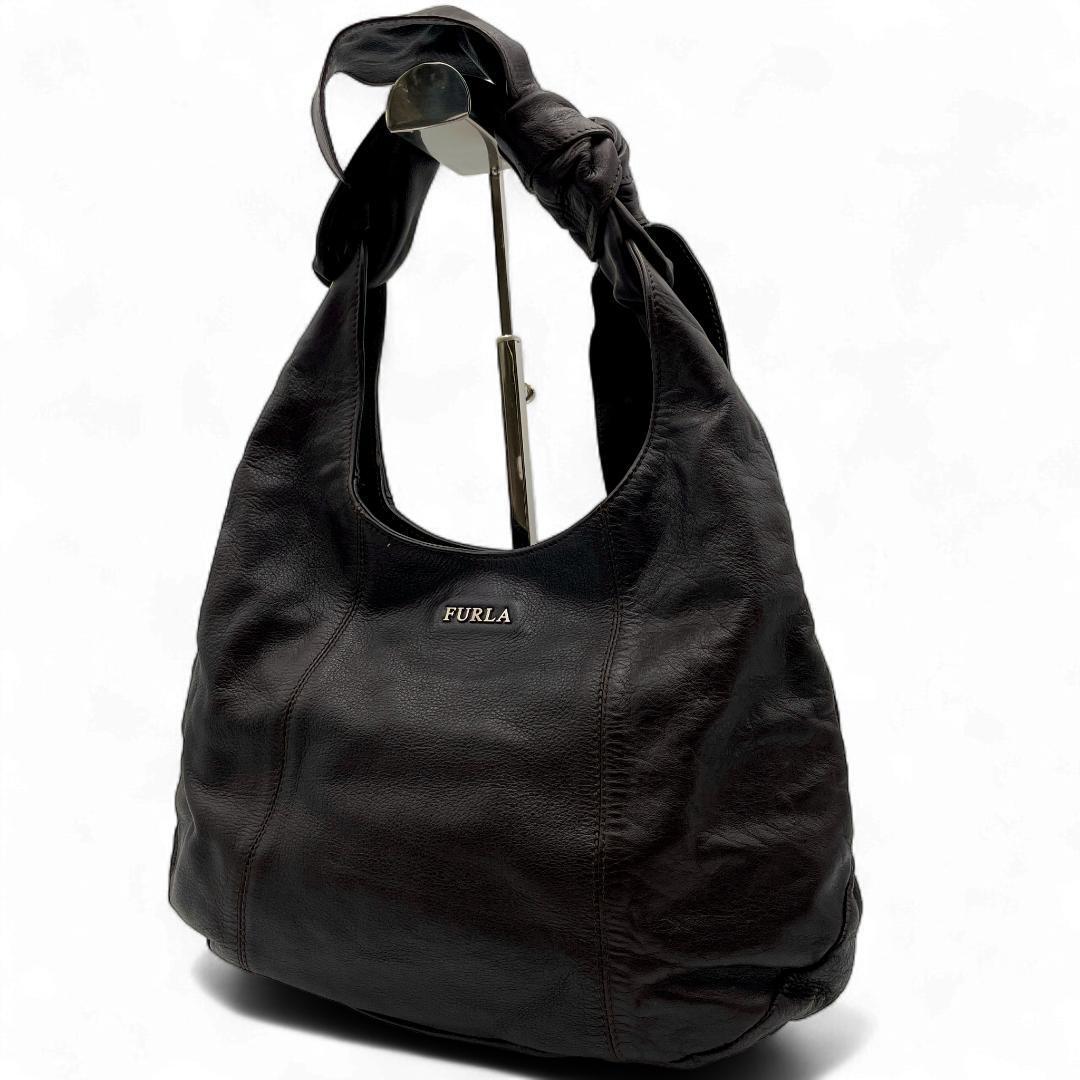 良品 FURLA トートバッグ レザー ブラック リボン 肩掛け拍卖
