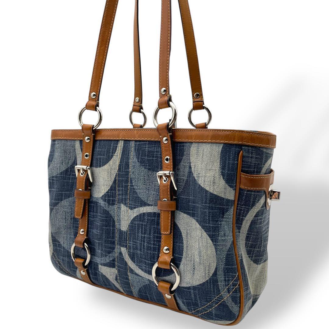 美品 COACH トートバッグ デニム ブルー シグネチャー 肩掛け拍卖