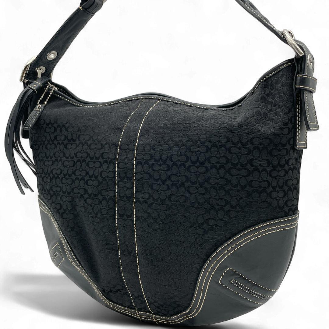 良品 COACH ショルダーバッグ キャンバス レザー ブラック ホーボー拍卖
