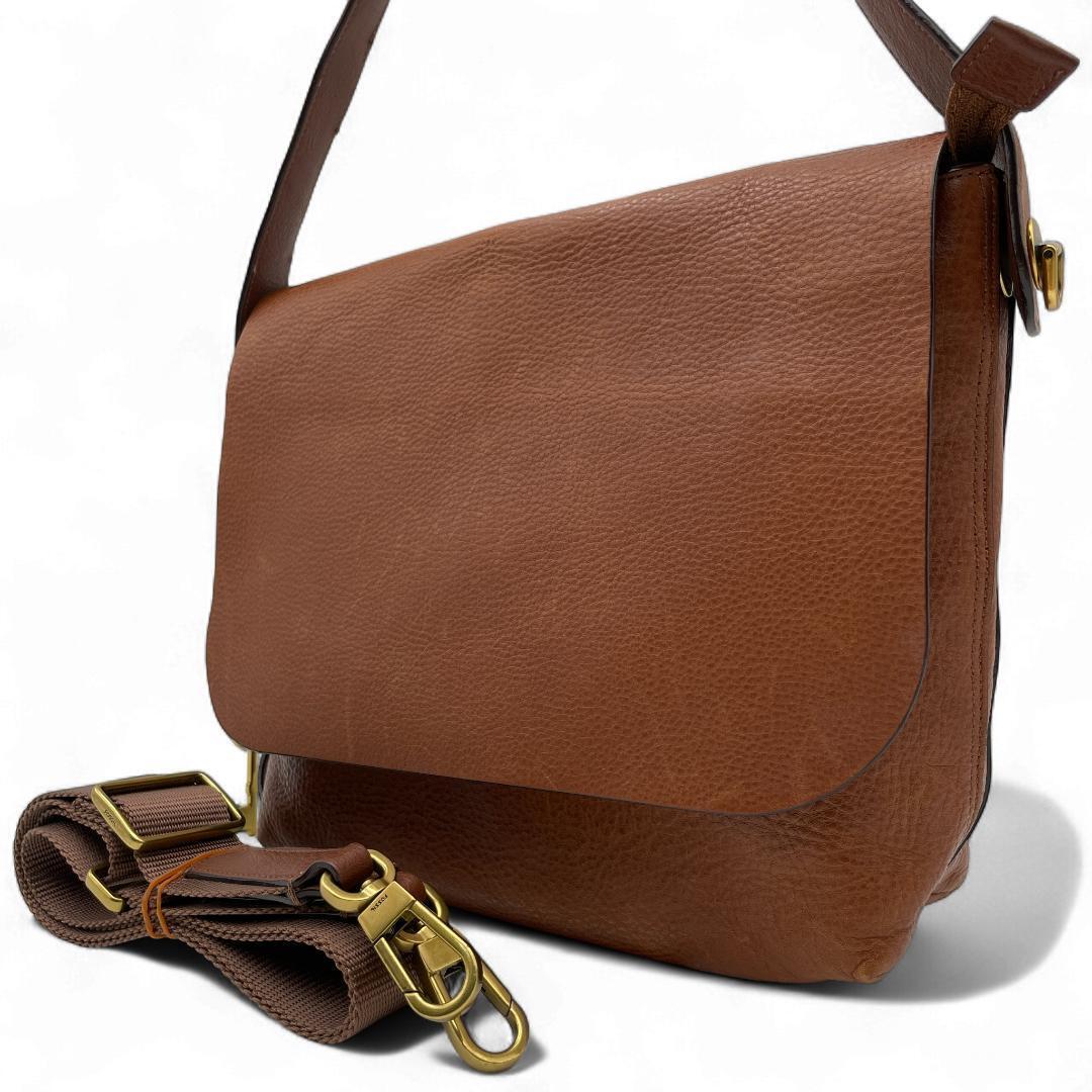 良品 FOSSIL メッセンジャーバッグ レザー ブラウン 2way 斜め掛け拍卖