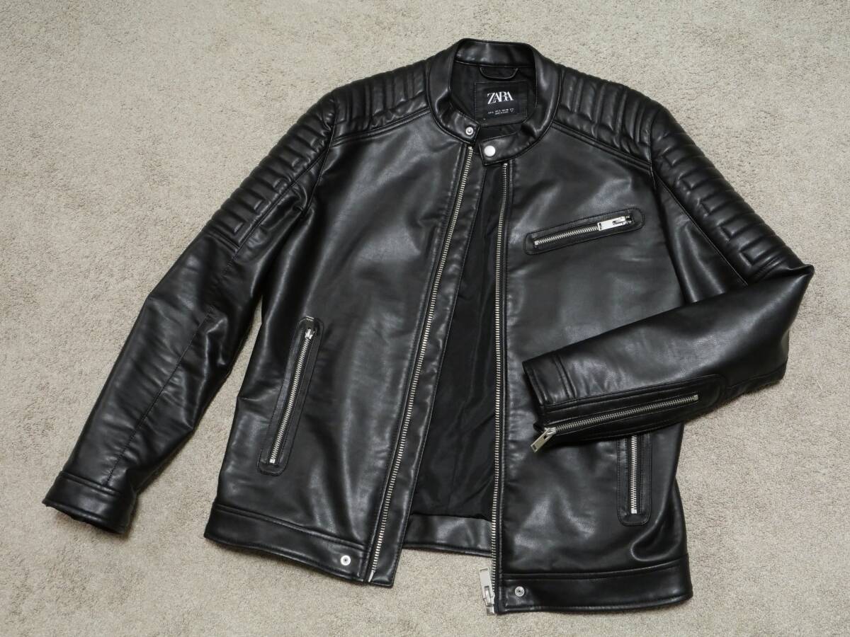 ★美品!ZARA ザラ フェイクレザー パテッド シングルライダースジャケット Lサイズ拍卖
