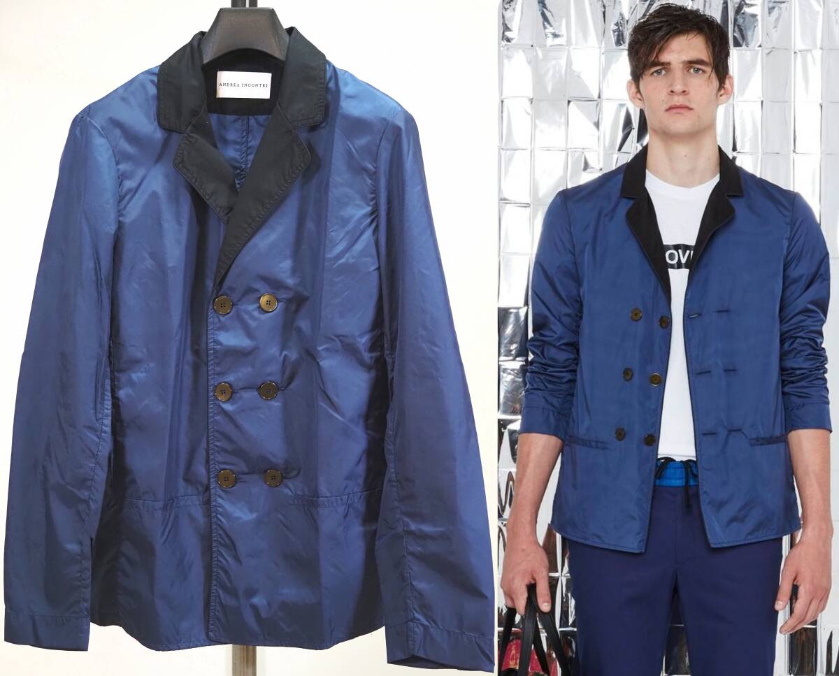 美品 定価79200円 ANDREA INCONTRI アンドレアインコントリ 16SS薄手ナイロンジャケット48青×黒 Italy製拍卖
