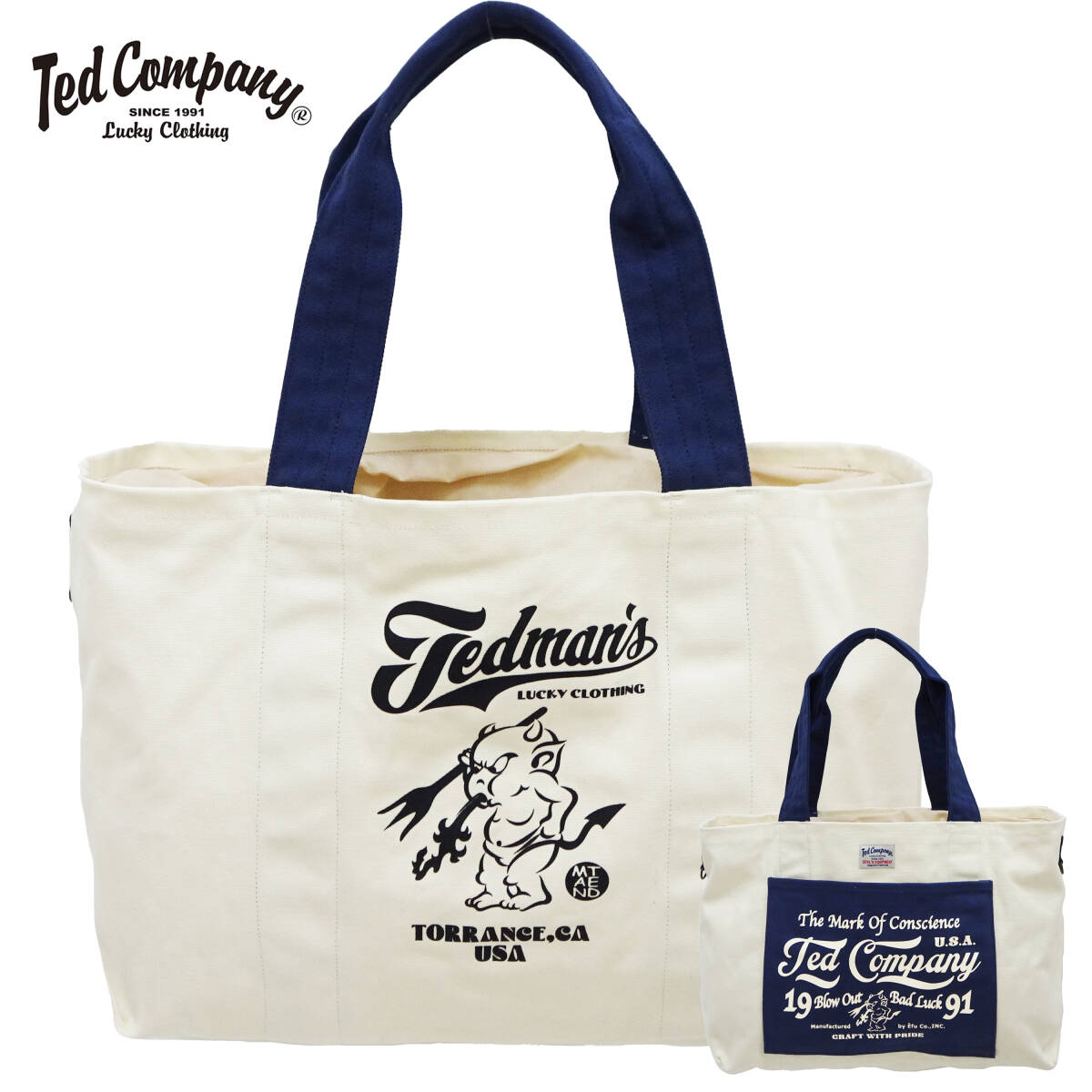 テッドマン キャンバス トートバッグ TEDMAN ラッキーレッドデビル 巾着開口 鞄 TDBG-1600 エフ商会 オフホワイト×ネイビー 新品拍卖
