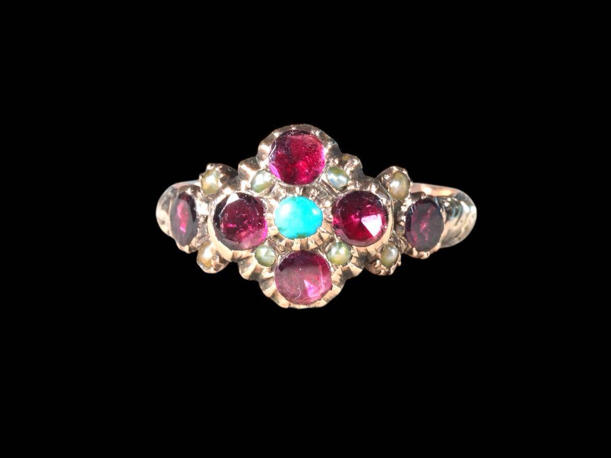 英国ヴィクトリア時代・可憐なる豪華共演ターコイズ&パール&ガーネットフラワー彫金リング!正統なる英国が誇る本筋宝飾品!本物保証拍卖