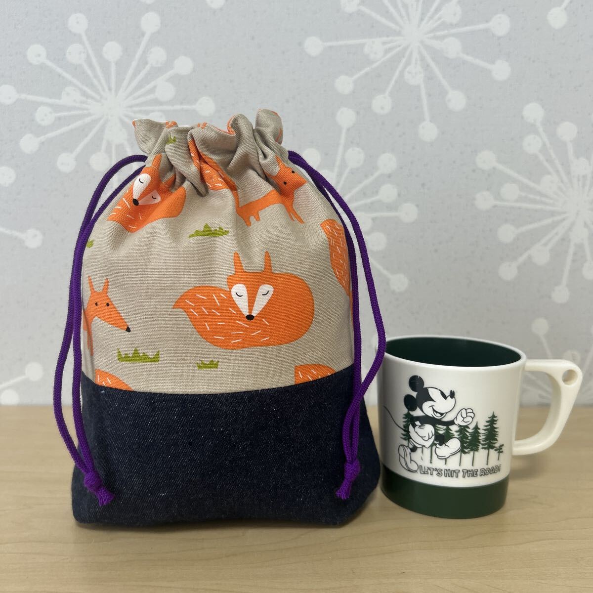 コップ袋 給食袋 小物入れ 巾着袋 入園準備 入学準備 ハンドメイド キツネ 20×18拍卖