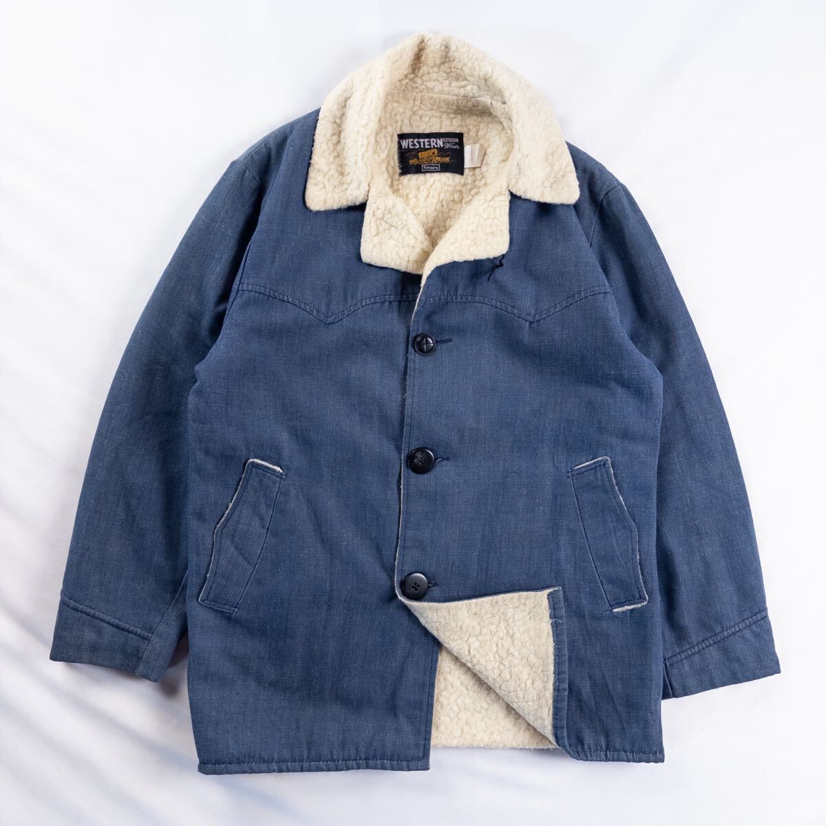 US Vintage 70s Sears コットン ポリエステル 開襟 オープンカラー 裏ボア フェード レトロ カウボーイ ウエスタン ジャケット ブルゾン拍卖
