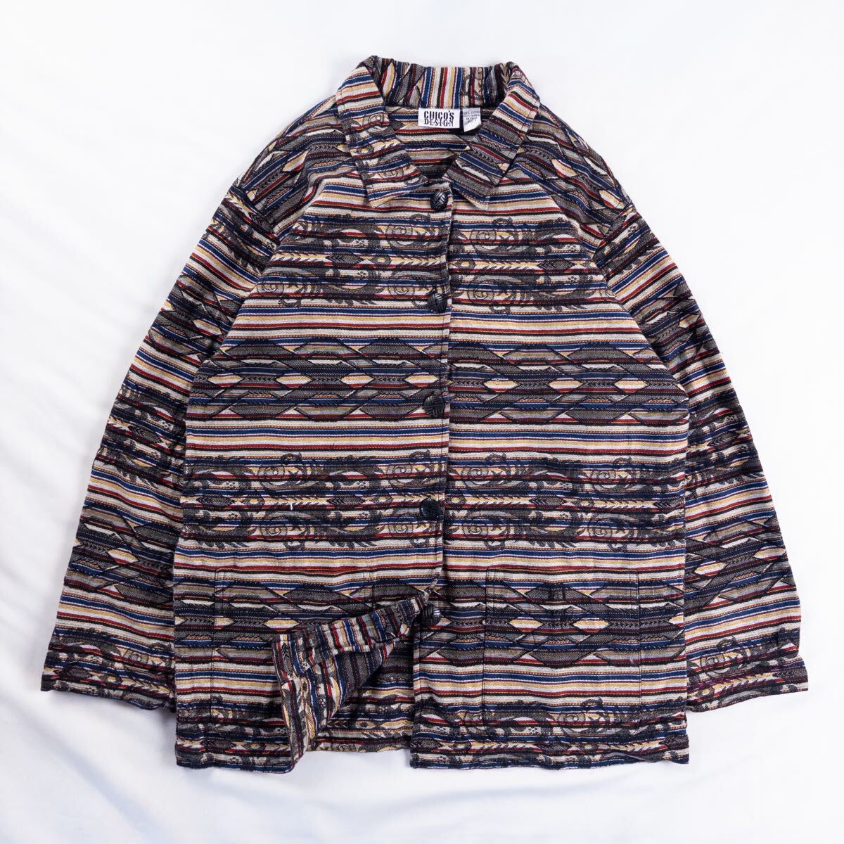 US Vintage 90s CHICO'S DESIGN コットン 立体 刺繍 エスニック 民族 ネイティブ トライバル 幾何学模様 アート ボーダー 総柄ジャケット拍卖