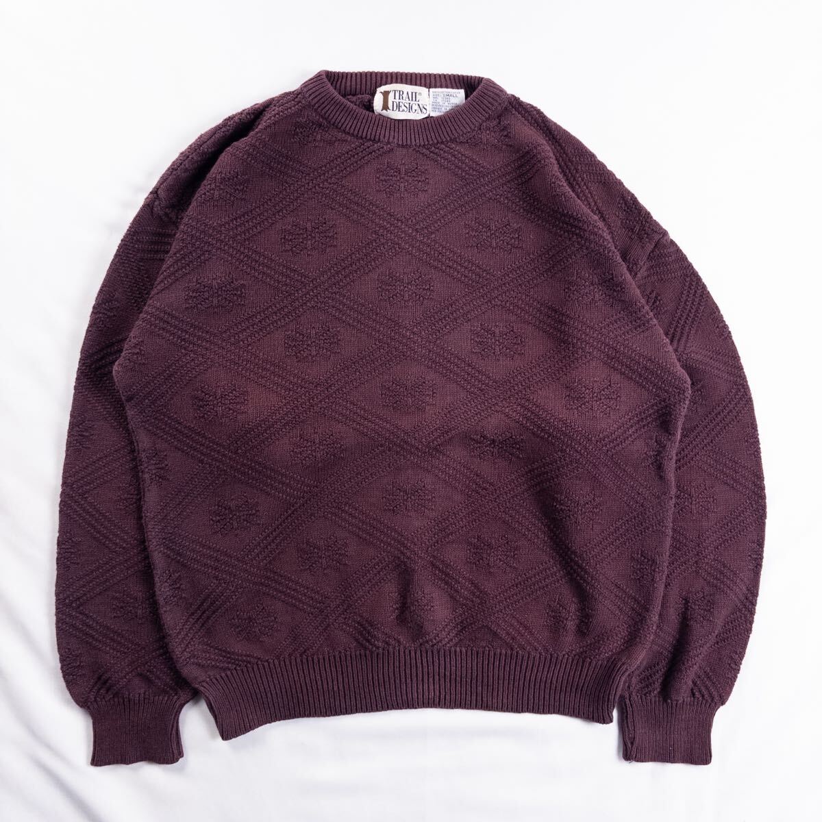 US Vintage 80s TRAIL DESIGNS コットン100% 立体 3D くすみカラー フェード 格子 スノーフレーク 幾何学模様 アート 総柄 デザインニット拍卖